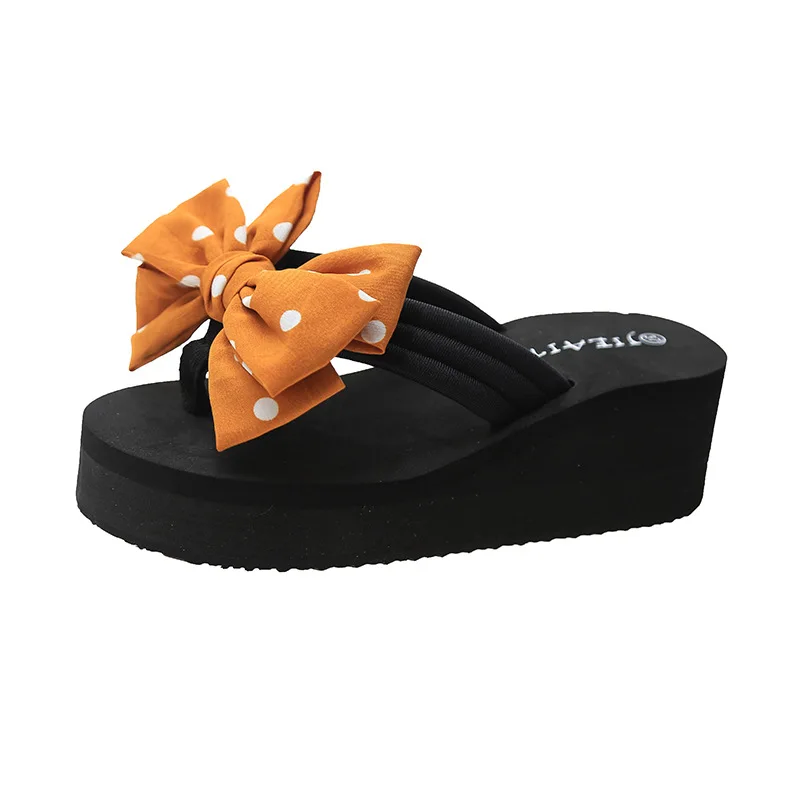 

Shoes Woman 2021 Slippers Summer Butterfly-Knot On A Wedge Shale Female Beach Med Pantofle Sabot New Slides Fabric PU Polka Dot