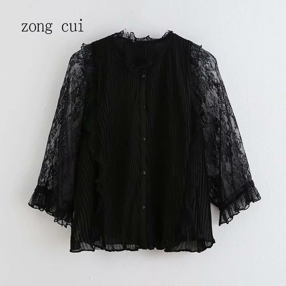 Женская шикарная кружевная Лоскутная Блузка с круглым вырезом и оборками