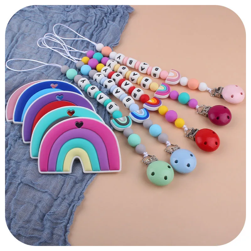 Coskiss-mordedor arco&iacute;ris de silicona, cadena de chupete, regalo para Baby Shower, collar de silicona para dentici&oacute;n, sin BPA-2