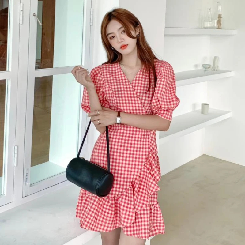 

Summer Women's Plaid Dress Puff Sleeve Ruffled Kawaii A-Line Dress 2021 Female Vestidos