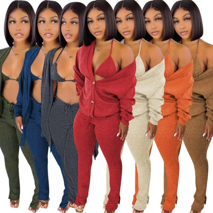 

Winter Women 3 Piece Set Shirt Bra + Shirt And Long Pants Has Stretch Solid Color Knit Ribbed Tracksuit Clothes For Women Outfit