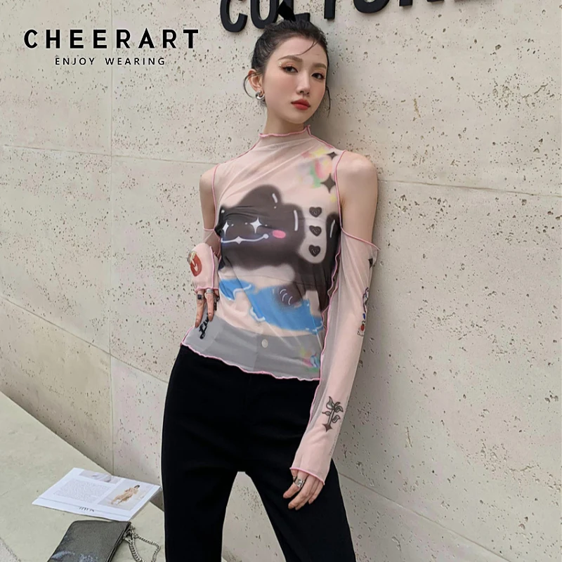 

CHEERART сетчатый топ с открытыми плечами, футболки с длинным рукавом, футболка с принтом, Прозрачная Футболка, женский модный топ, облегающая Д...