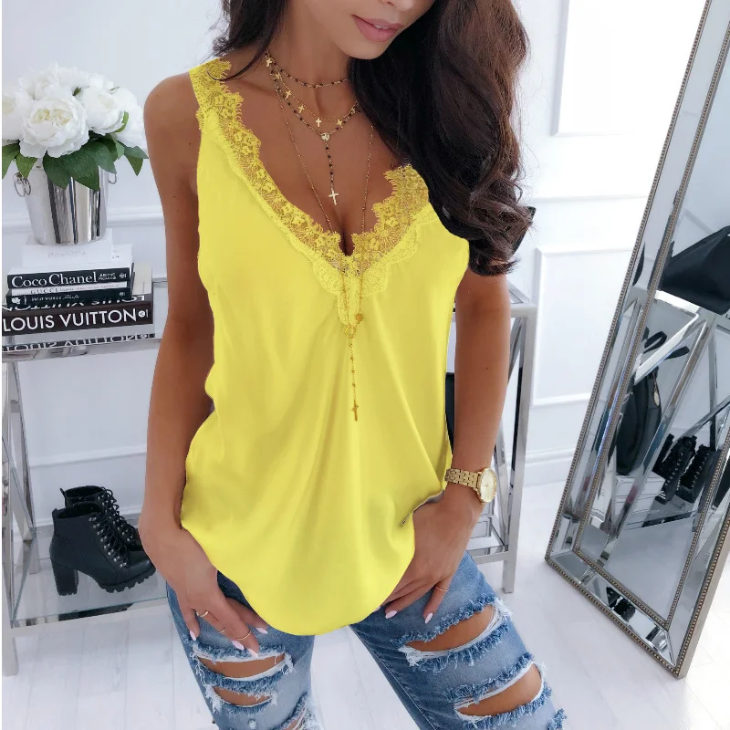 Summer Women Lace Sleeveless Loose Tanks Camis V-Neck Tops 2020 Sexy Black Yellow Tank | Женская одежда