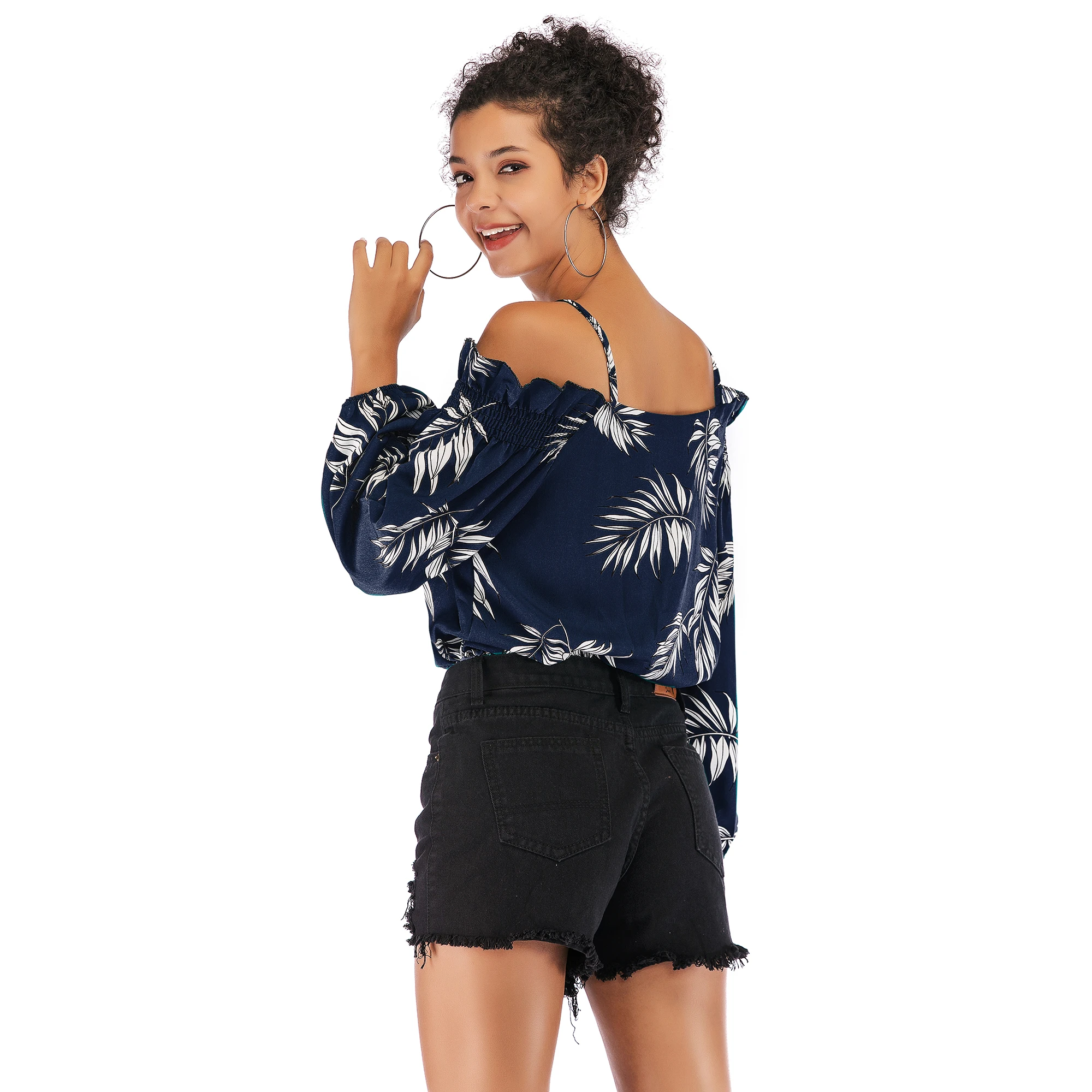 Высокая уличная Весенняя шифоновая рубашка с открытыми плечами и