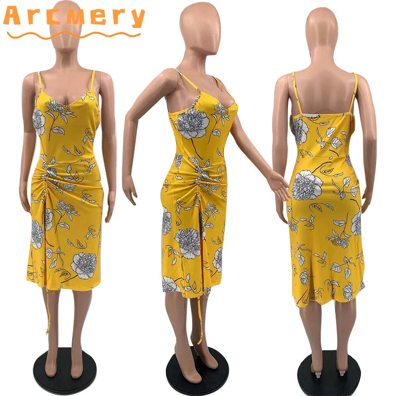 

Women Spaghetti Strap Floral Printed Sleeveless Slit Knee-length Dress