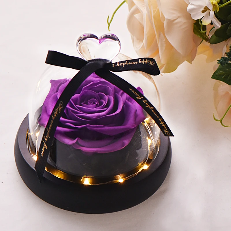 Real Puple Heart Dom Красота и чудовище, искусственные цветы, вечная Золотая фольга, роза, светодиодный светильник, стеклянный купол, ночник, подарок на день рождения для девочек - Цвет: Real Puple Heart Dom