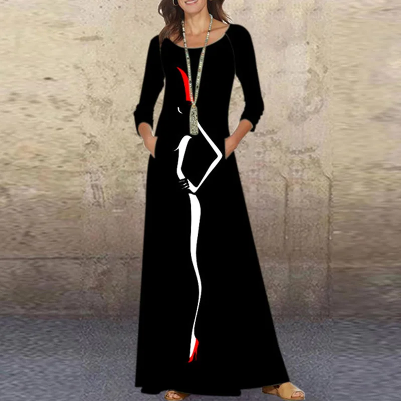 

2021 Women O-Neck Full Sleeve Casual Long Party Dress Autumn Printing Pocket Ladies Dress Plus Size 3XL Streetwear Dropshipping