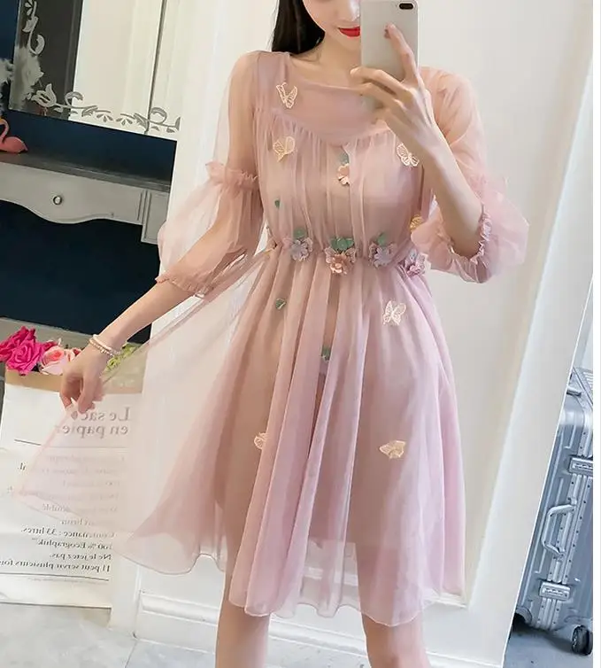 Летние сетчатые платья женские с рукавом до локтя милые для девушек кружевное