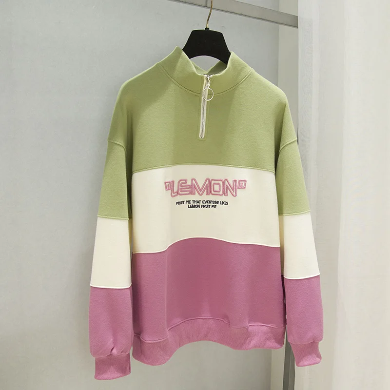 

Female Color Block Cotton Stand Zipper Collar Long Sleeve Print Letters Loose Hoodies Pullover Top Student Sweatshirt