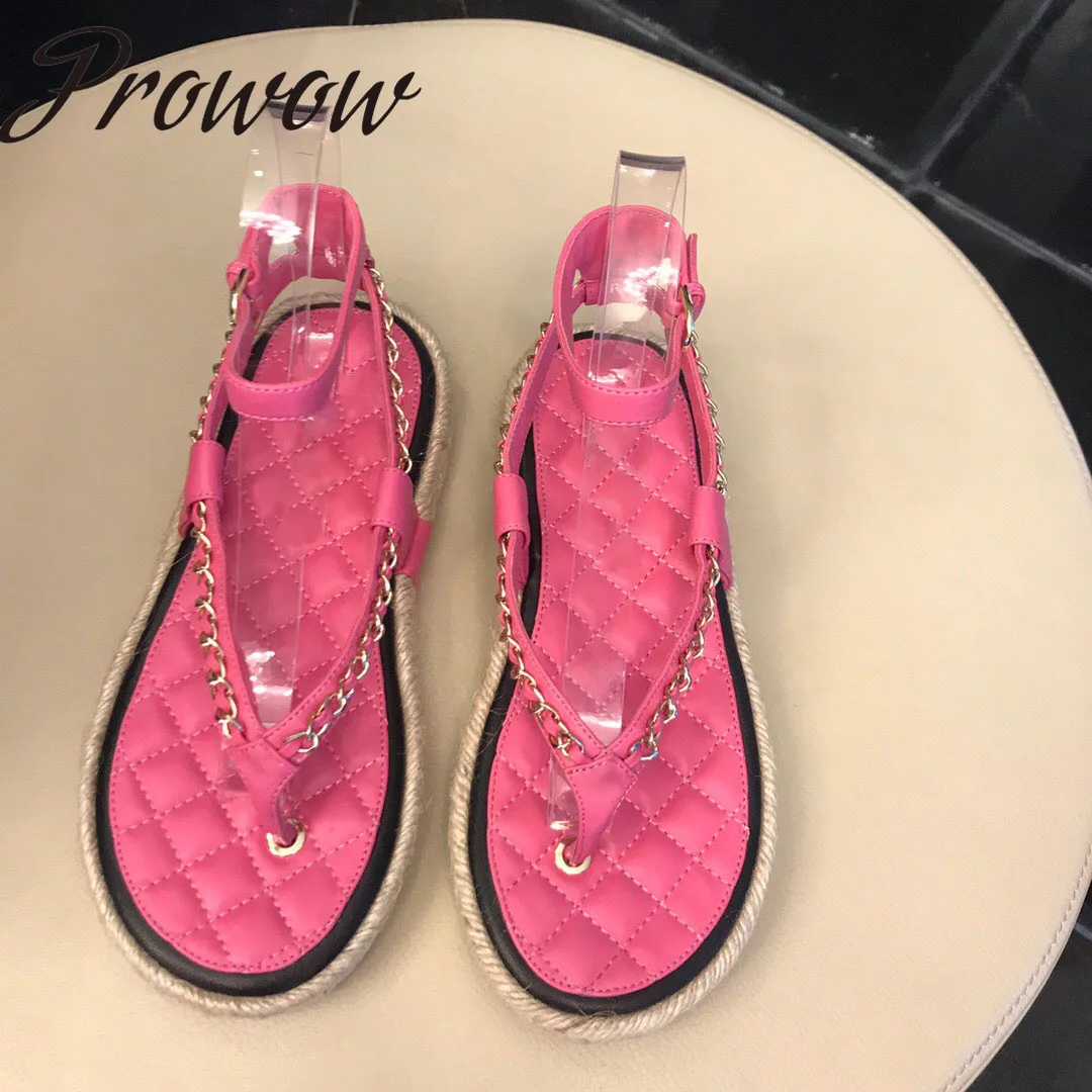 

Prowow New Summer Metal Chain Summer Sandals Open Toe Flats Sandals Vacation Shoes Women