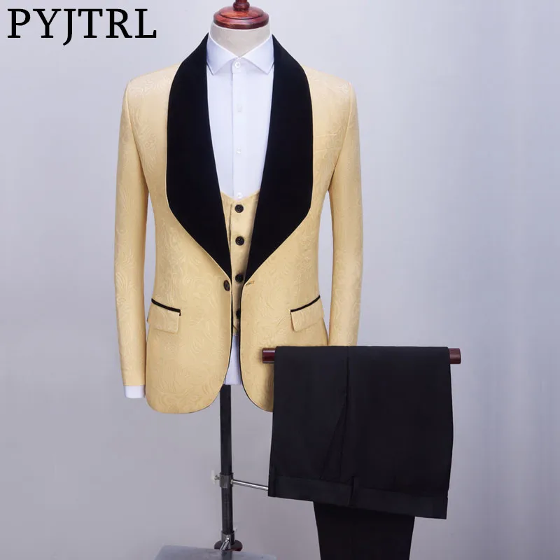 Мужской Жаккардовый костюм PYJTRL с отложным воротником 3 предмета бежевый темно