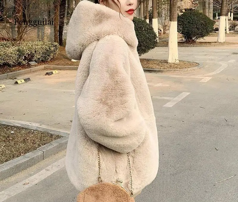 

Winter Thick Warm Faux Rabbit Fur Coat New Women Long Sleeve Hooded Fur Jacket Coats Fashion Outwear