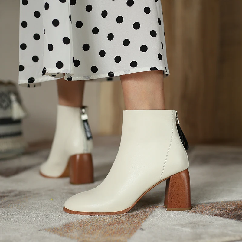 

Leather Ankle Boots for Women Autumn Winter Back Zipper Ladies High Heels Shoes Solid Round Toe Woman Western Boots Shoes Women