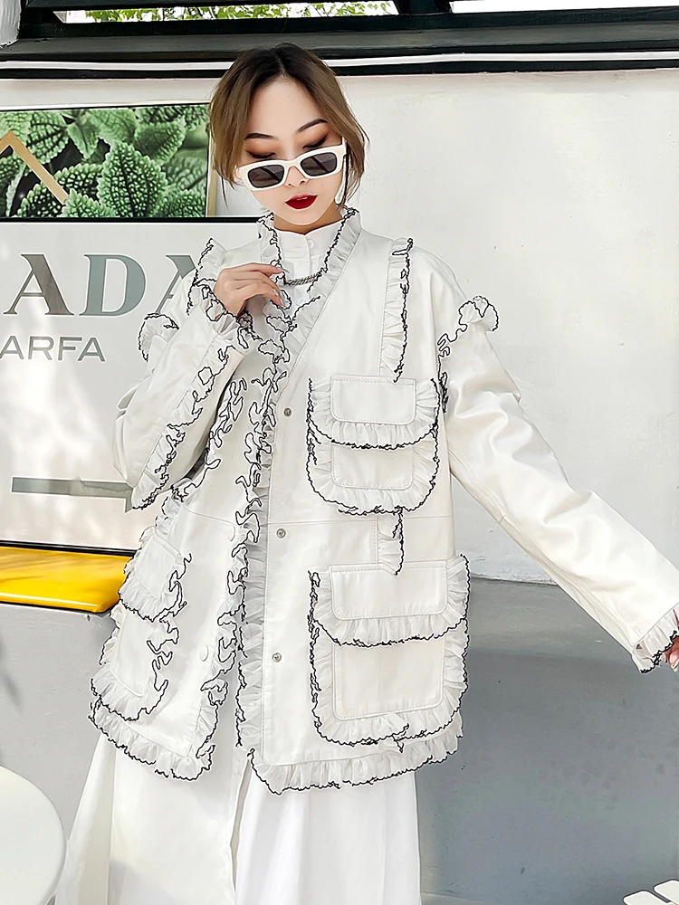 Autumn Spring Korean Style Women's High Quality Ruffles Genuine Leather Loose V-neck Jackets B098
