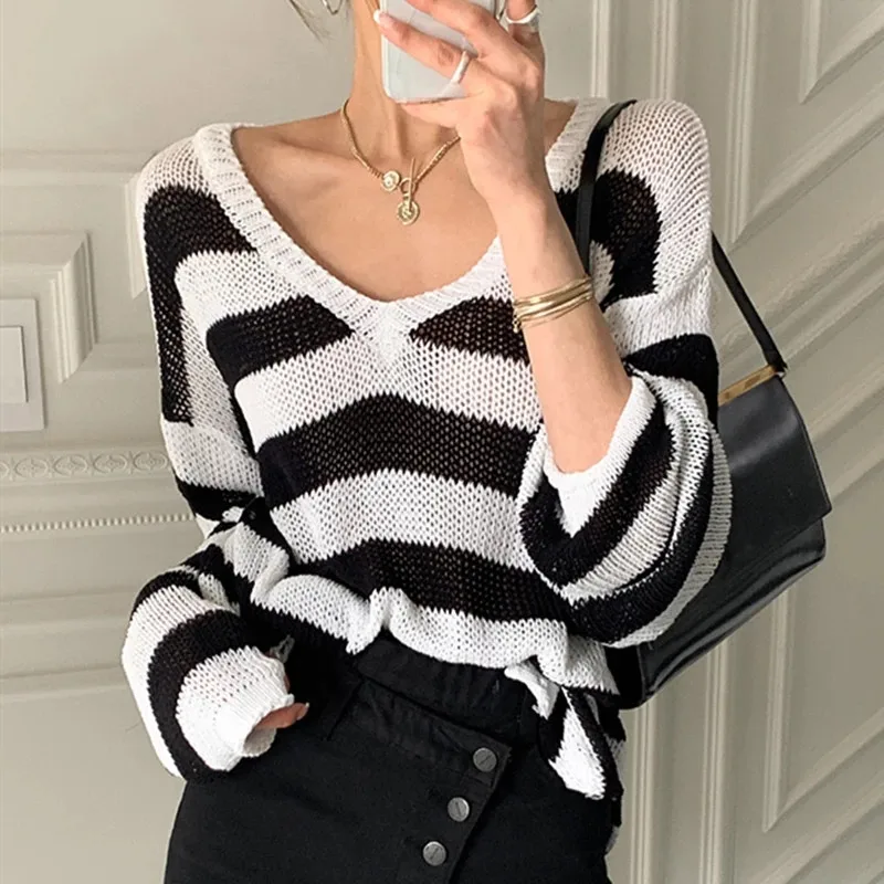 

2021 Spring Autumn Women Sweater V-Neck Pullovers Knitted Striped Split Korean Loose Wild Lady Jumpers
