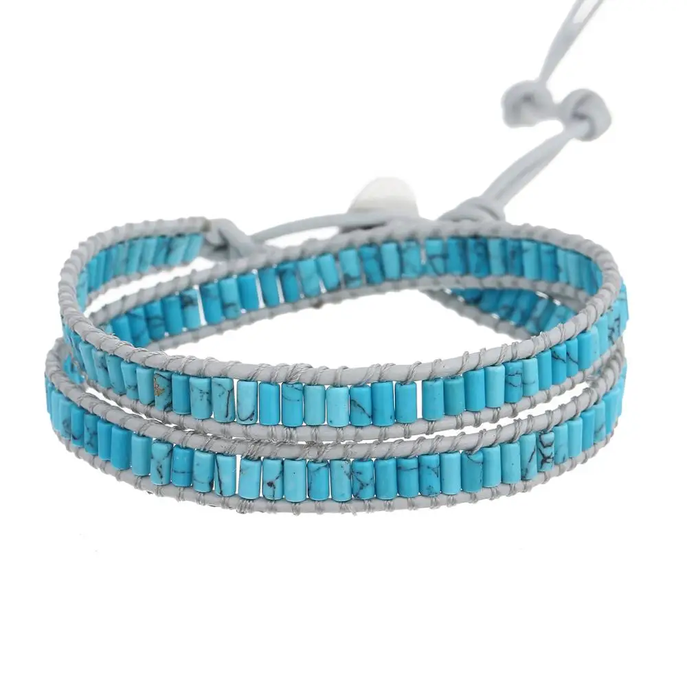 

Браслет ручной работы из натуральной кожи с натуральным камнем и бусинами, 2 нити, ювелирные изделия для женщин и мужчин, Прямая поставка