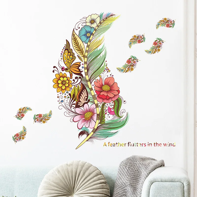 

Cartoon Girl Wall Stickers DIY Colorful Feathers Mural Decals for Kids Bedroom Baby Room Nursery Decoration
