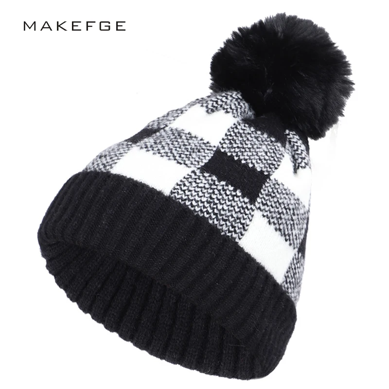 Вязаная шапка с помпоном для мужчин и женщин зимняя теплая клетчатая