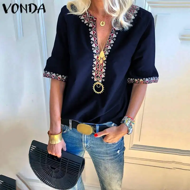 VONDA/Винтажные рубашки с коротким рукавом женские блузки летние сексуальные с v-образным вырезом Печатные Туники Повседневная Женская свободного покроя офисные топы и блузки