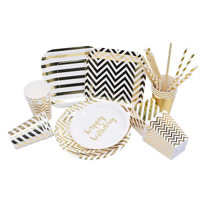 

1Set Favors Golden Striped Disposable Tableware Supplies Baby Shower for Birthday Wedding Party Decoration Cups Straws Plates
