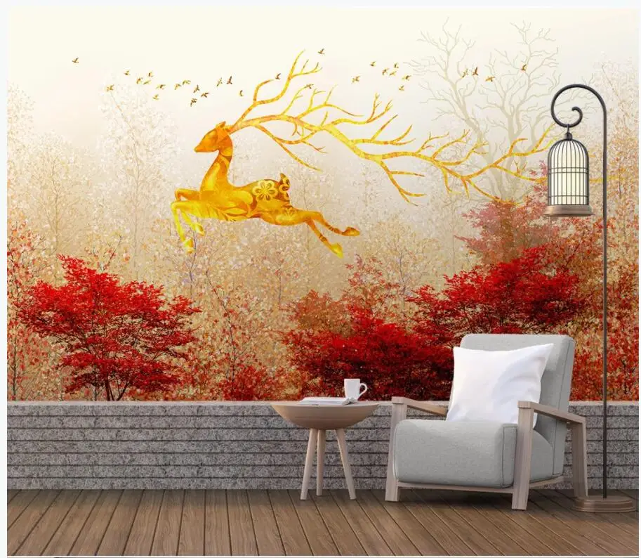 

3d photo wallpaper custom mural Hand drawn red maple elk background room home decor 3d wall murals wallpaper for walls 3 d