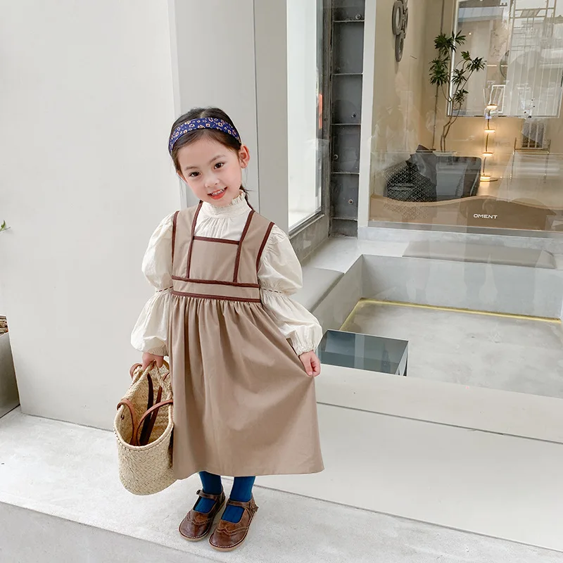 

Autumn new girls' Korean temperament coffee color contrast waistcoat dress apricot bubble sleeve shirt two-piece dress 3-61