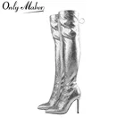 Onlymakerженские Серебристые ботфорты с острым носком; Модные блестящие высокие сапоги на тонком высоком каблуке с боковой молнией