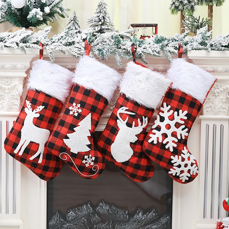 Christmas Decorations White Fur Collar Jacquard Embroidered Plaid Socks Tree Ornaments | Дом и сад