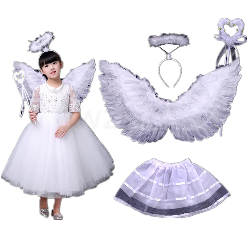 

White Black Women Girl Angel Feather Wing Tutu Skirt Halo Ring Party Birthday Gift Carnival Wedding Costume Halloween Christmas