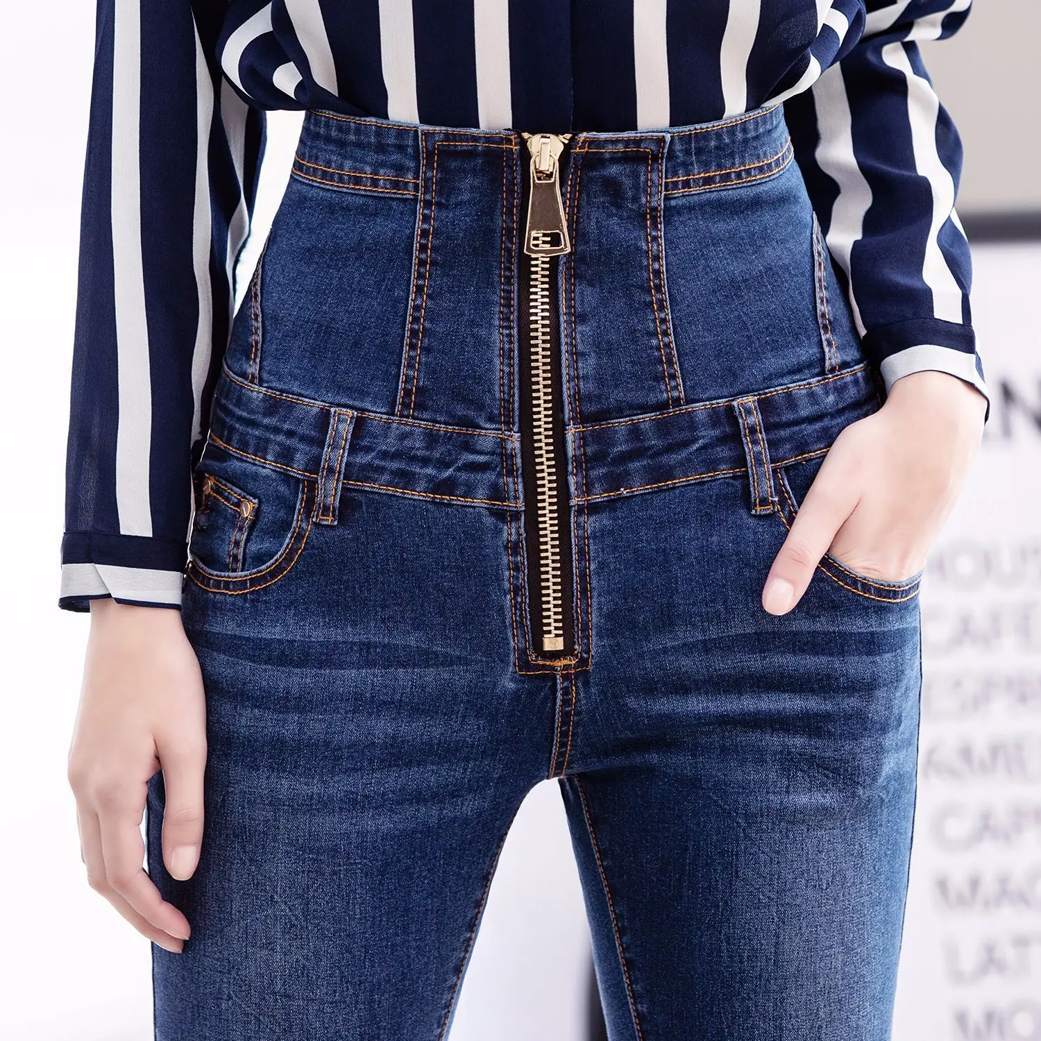 Узкие джинсы с высокой талией винтажные женские джинсовые брюки на молнии