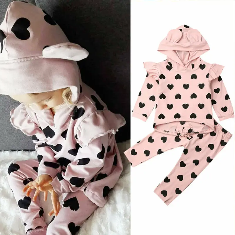 

1-5Y Kids Toddler Baby Girl Autumn Clothes Sets Print Kid Top Ear Hooded Pullover + Trousers Pants 2PCS Outfits