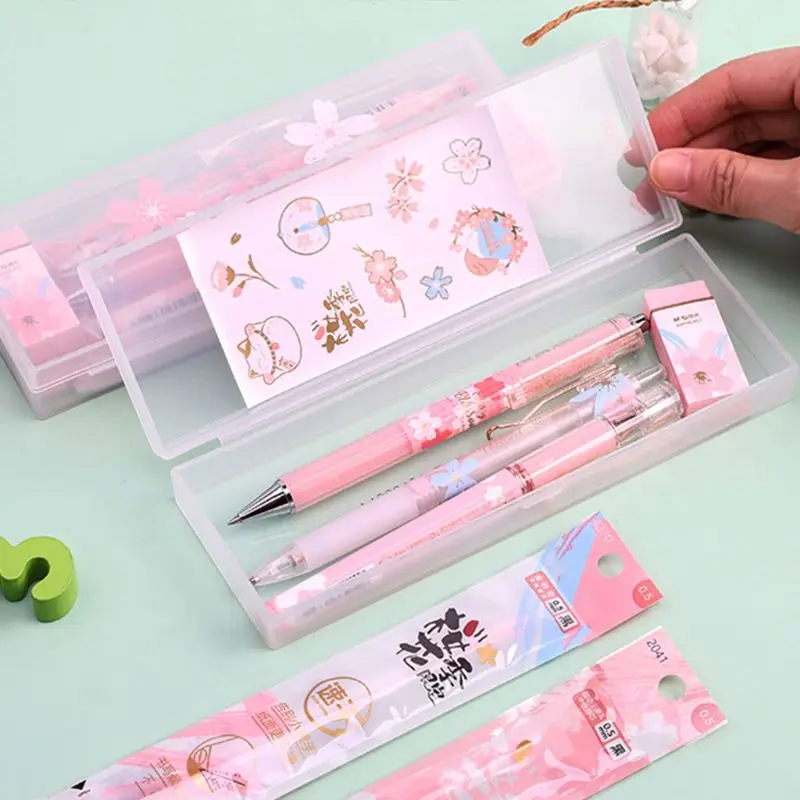 1 Set Cherry Blossoms Ice Gel Pen Eraser Sticker Black Ink 0.5mm Signature Pens R9CB |
