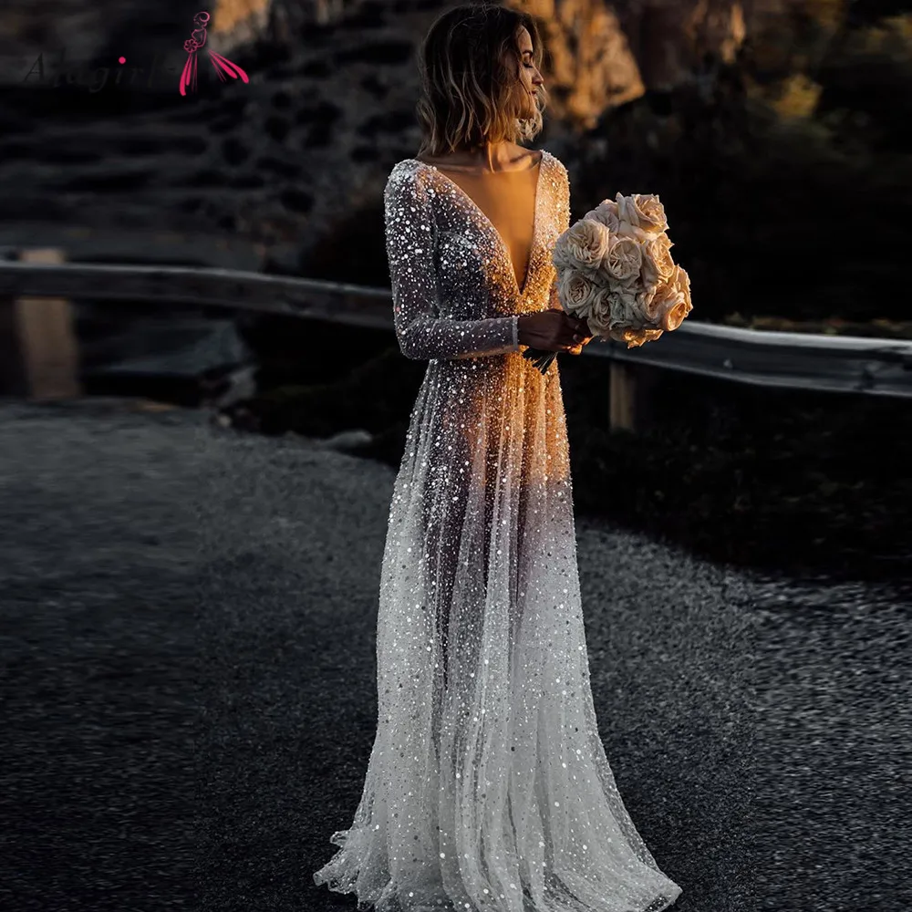 Vestido de Casamento a Linha Vestidos de Casamento sem Costas Vestidos de Noiva Sexy Ilusão Boho V-neck Mangas Praia Lantejoulas Beading 2022