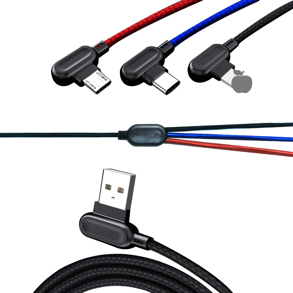 3 в 1 Micro USB быстрый заряд кабеля кабель для samsung iPhone TYPE C L-line 90 градусов Android кабель для мобильного телефона usb зарядный шнур