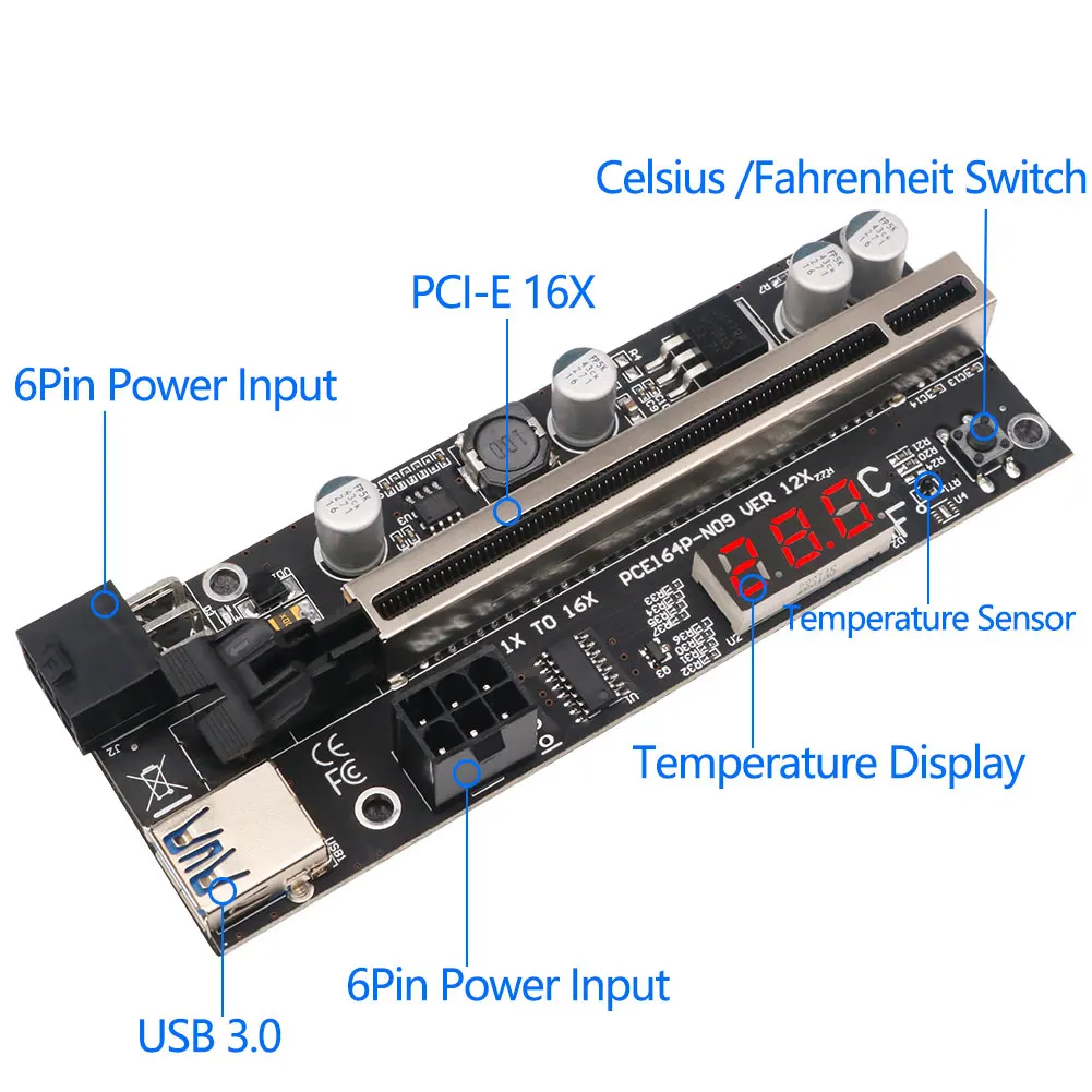 PCIE Riser карта PCI E X1 до X16 009S Plus Dual 6Pin для графической карты GPU майнинга биткоинов с