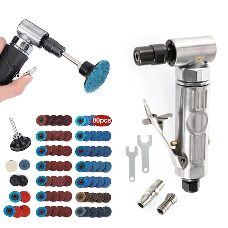 

Poratble Mini 1/4 Air Angle Die Grinder 90 Degree Pneumatic Grinding Polisher Mill Engraving Machine with Sanding Discs Tool Kit