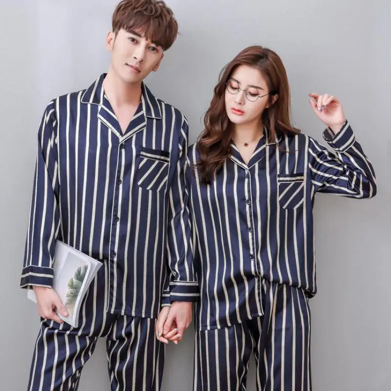 

Spring Autumn Couple Pajamas Set Navy Blue Striped Long Sleeve Pijamas Suit Loose Women Trouser Suits Plus Size Silk Sleepwear