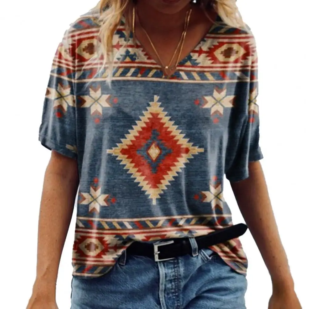 

50%HOT Women T-shirt Geometric Print V Neck Summer Short Sleeve All Match Top for Beach