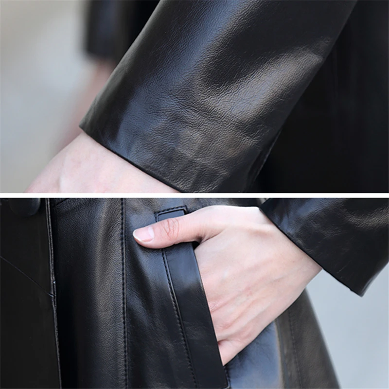 

Natural Sheepskin Leather Jacket 2021 Women Turn Down Collar Long Adjustable Waist Real Leather Coat Plus Size Female Outerwear