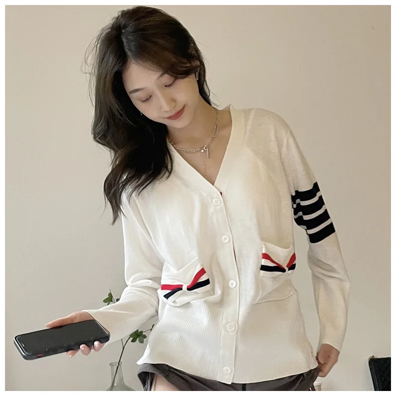 

TB BROWIN Autumn Women Cardigan Wool Pocket Bowknot V-Neck Sweater Long Sleeve Korean Design Casual Knitted Top