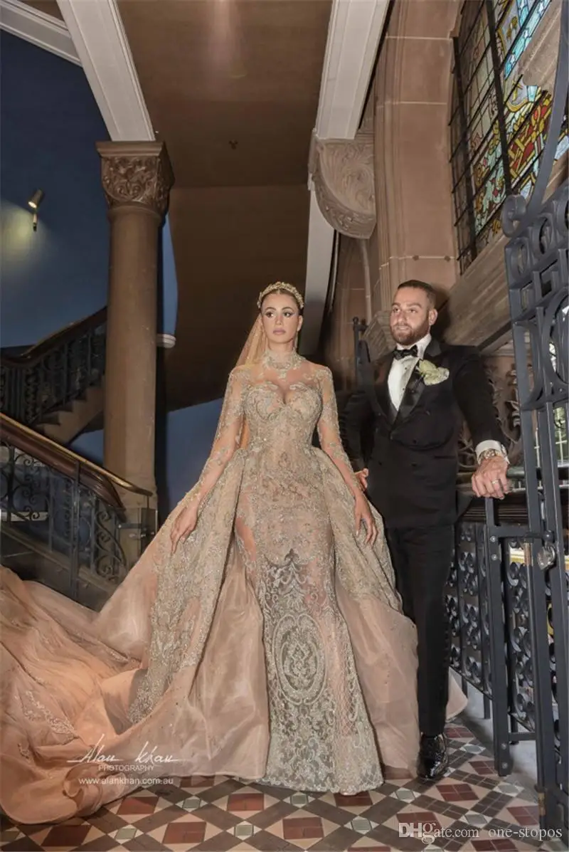 Luxury Crystal Beaded Mermaid Wedding Dresses With Detachable Train Sexy High Neck Long Sleeves Arabic Mulslim Bridal Gown