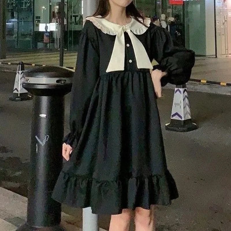 

QWEEK Kawaii Cute Dress Women Japanese Preppy Style Sweet Peter Pan Collar Ruffle Black Dresses College Student Clothes 2021