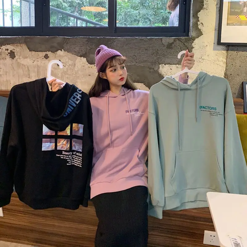

Women Fresh And Sweet Autumn Girl Style Cute Coat Hooded Pullover Letter Print Loose Long Sleeve Hoodies