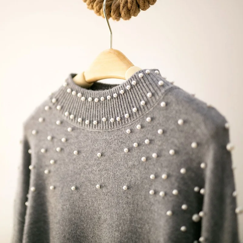 

Pullover Women's Jumper Pearl Beaded loose Sweater Female Women Warm Sweaters thick Winter Knitted Sweater womens clothes