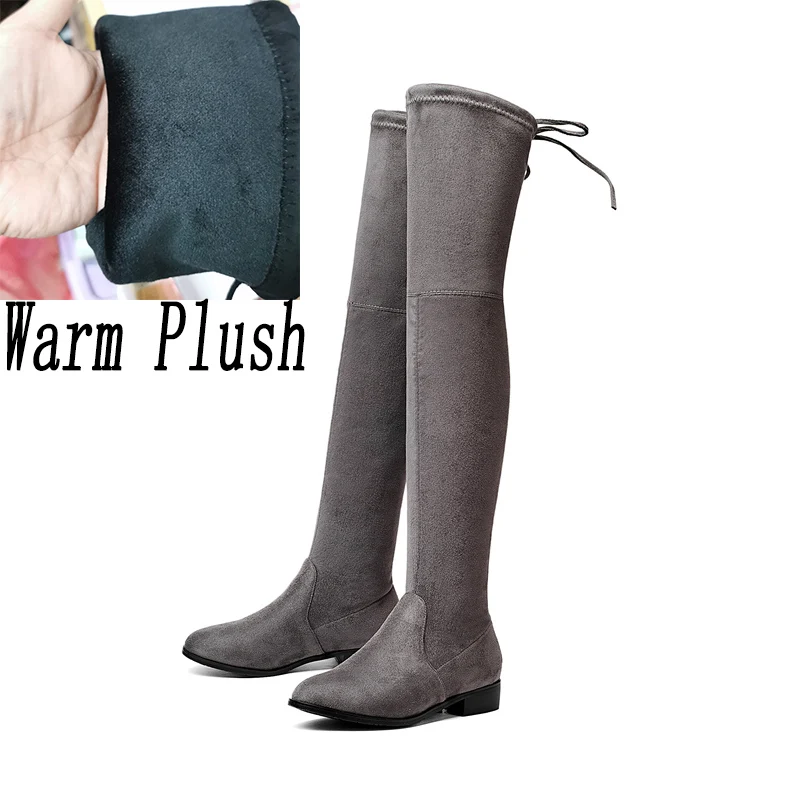 Женские зимние сапоги выше колена на низком каблуке 3 см замшевые теплые плоской