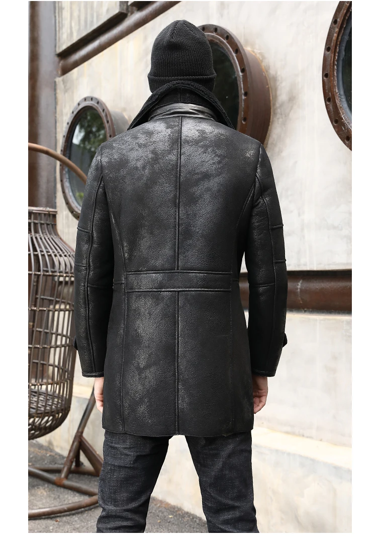 Мужская двубортная куртка из натуральной овчины черная длинная большого размера