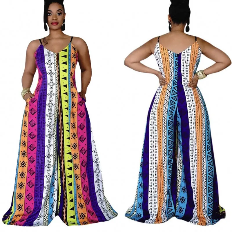 

Sexy Suspender Jumpsuit African Clothing Casual Women With Pockets 2021 Summer Dashiki Print Fashion Ladies Loose Trousers S-2XL