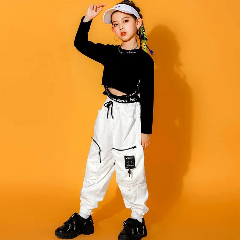 Kid Kpop Hip Hop Clothing Black Sweatshirt Crop Top White Streetwear Cargo Jogger Pants for Girls Jazz Dance Costume Clothes