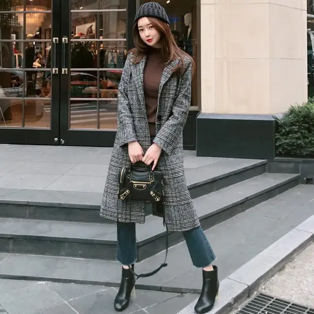 2019 Spring Autumn Women's Wool Plaid Coat New Fashion Long Woolen Slim Type Female Winter Jackets Outwear | Женская одежда