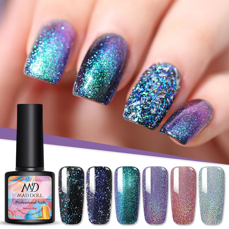 MAD DOLL 8 мл Блестящий Гель лак для ногтей блестки Хамелеон Ультрафиолетовый гель